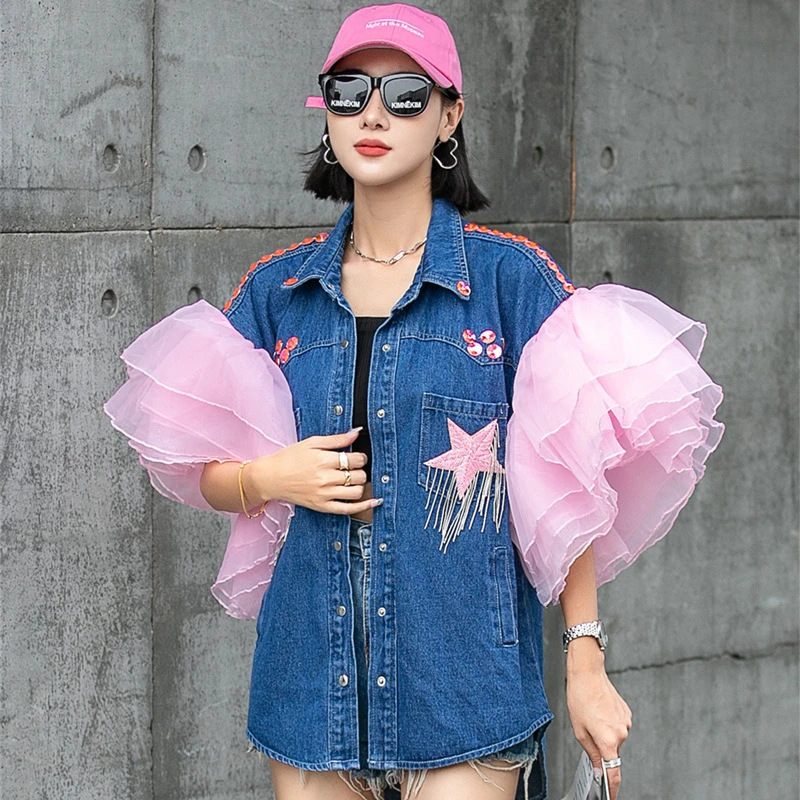 Diamonds Mesh Stitching Ruffles Flowers Sleeves Denim Bomber Jacket Gauze Spliced Vest Jean Coat Stars Fringed Cardigan Tops