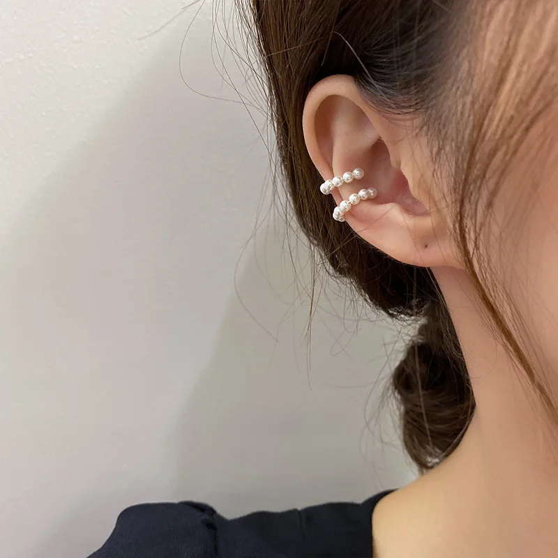 2023 New Korea Trendy Charm Pearl Beaded Ear Cuff Clip Earring for Women Fake Piercing Bone C-shaped Jewelry Accessory Wholesale