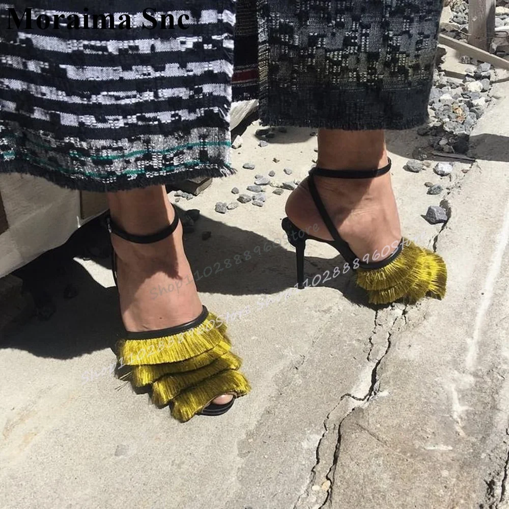 

Trendy Solid Tassels Decoration Sandals Thin High Heel Women Shoes Ankle Buckle Strap Peep Toe 2026 Fashion Zapatos Para Mujere