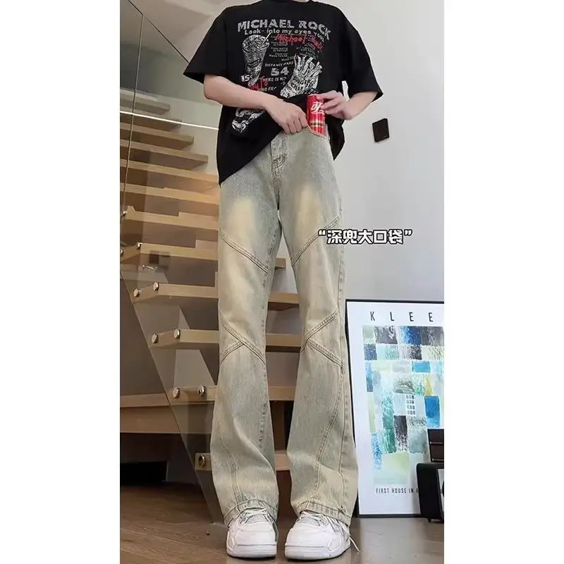 High Quality Yellow Mud High Street Men's Pants Splicing Scimitar Straight Thin Slightly Pulled Cargo Trousers Flare Jeans Man