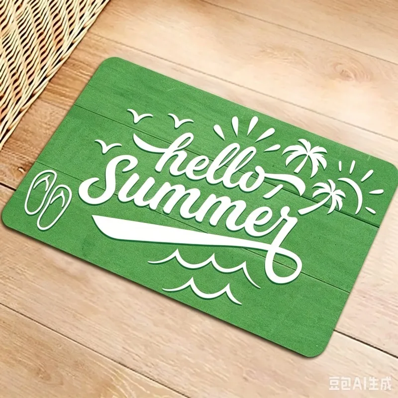 Hello Summer Beach Doormat Blue Wood Background Palm Tree and Surfboard Design Non-Slip Floor Mat