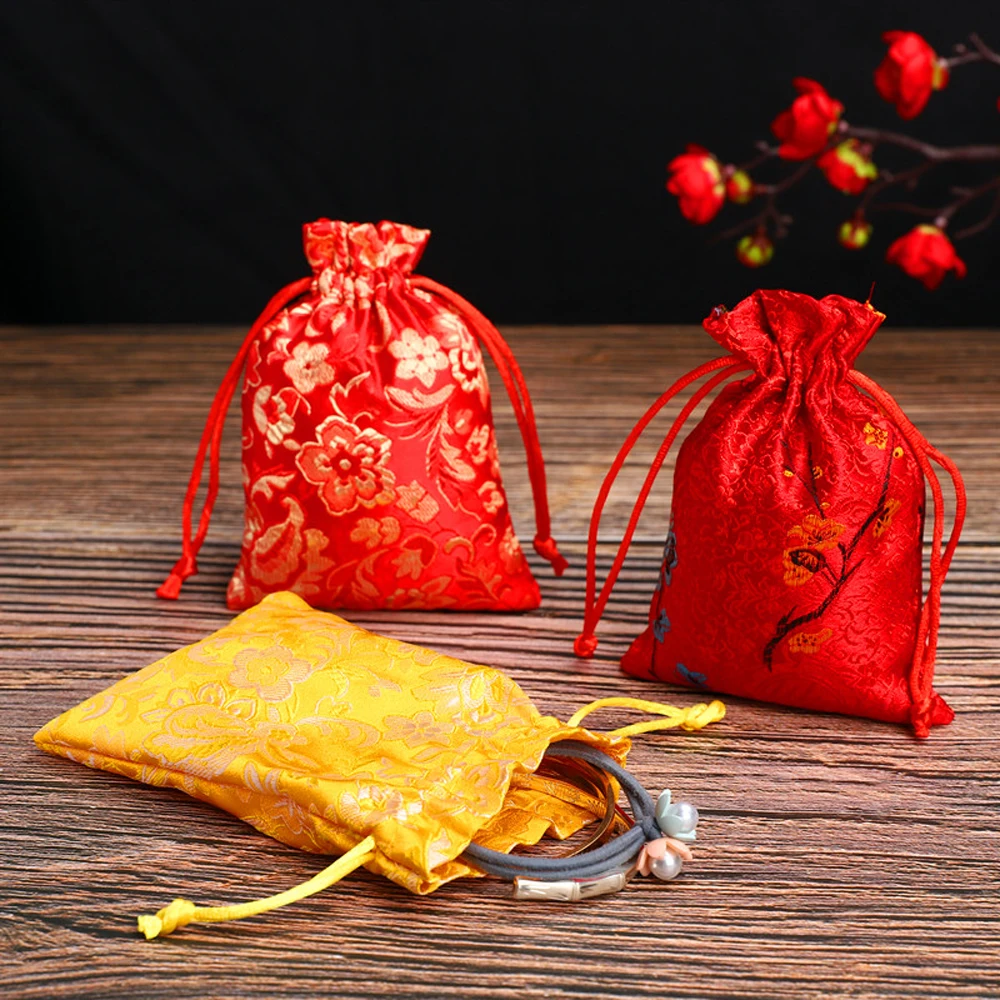 Satin Embroidered Vintage Storage Bag Christmas Drawstring Gift Bag Wedding Birthday Jewllery Packing