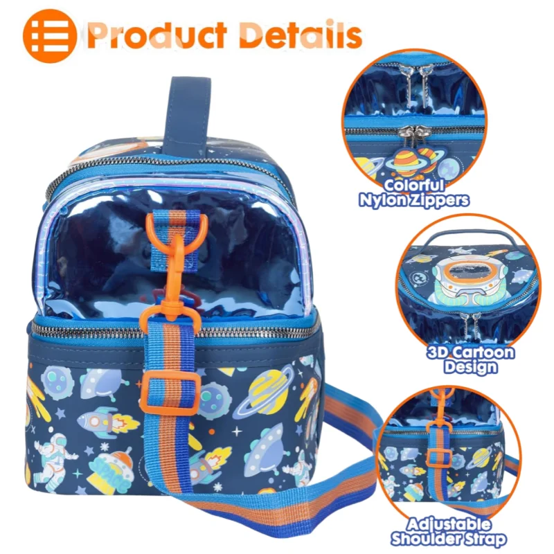 VEST Kids Double cooler Insulated lunch bag Large tote for boys and girls with adjustable shoulder straps for astronauts