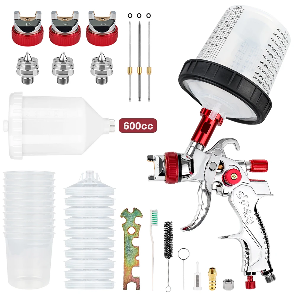 Professional HVLP Spray Gun Kits 1.4/1.7/2.0 Mm Steel Nozzle 10PCS Disposable 600ML Cups Gravity Spray Gun Car Paint Spray Gun