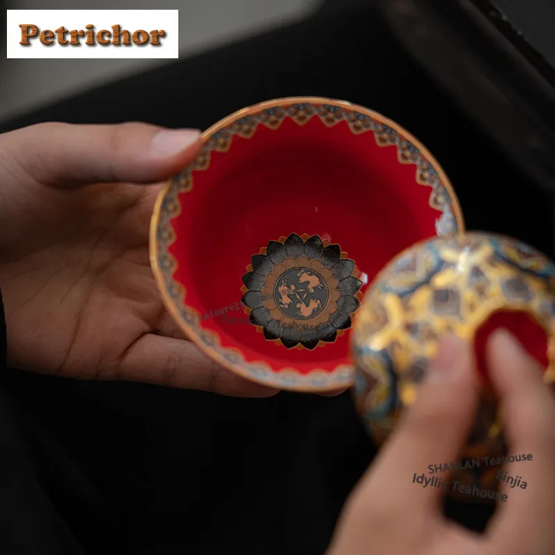 130ml Dunhuang Impression Enamel Gold-plated Gaiwan Vintage Tea Tureen Tea Bowl With Lid Kit Tea Maker Cover Bowl Cafes Craft