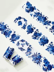 1 Loop Black/blue Rose Floral Washi Tape PET Crystal Ink with Gold Stamping Masking