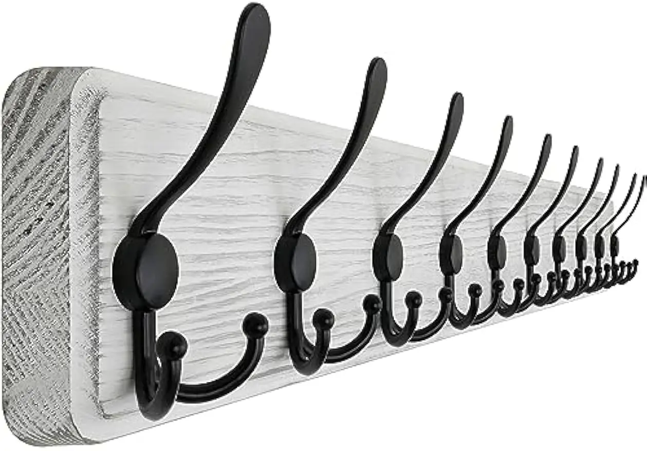 

Wall Mounted Coat Rack, 38.3'' Long Wooden Heavy Duty with 10 Triple Hooks for Clothes Jacket Hat, Rustic Weathered White