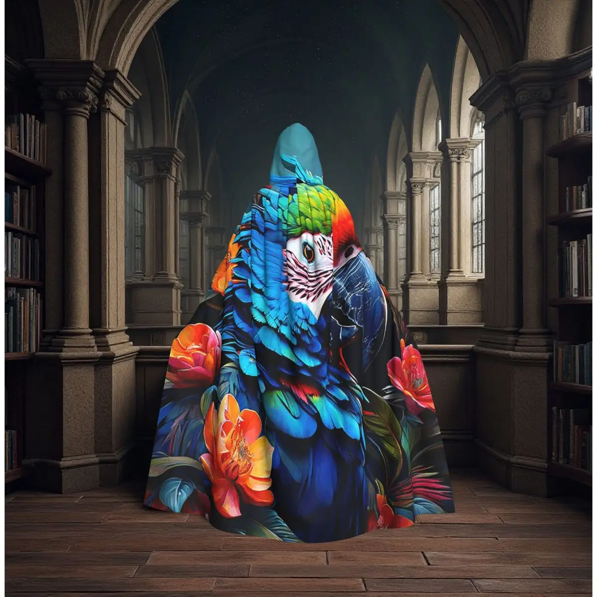 Black Retro Tropical Parrot Long Hooded Cloak Witch Medieval Costume Cosplay Cape HalloweenVampire Adult Unisex view 2