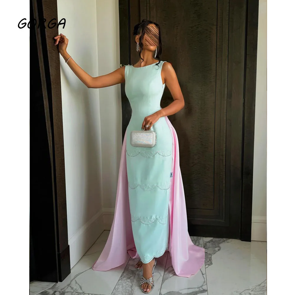 

GORGA Customized Lake Blue Crepe Evening Dress Backless Pink Satin Prom Dress 2025 Beading Mermiad Tea-Length Party Dress