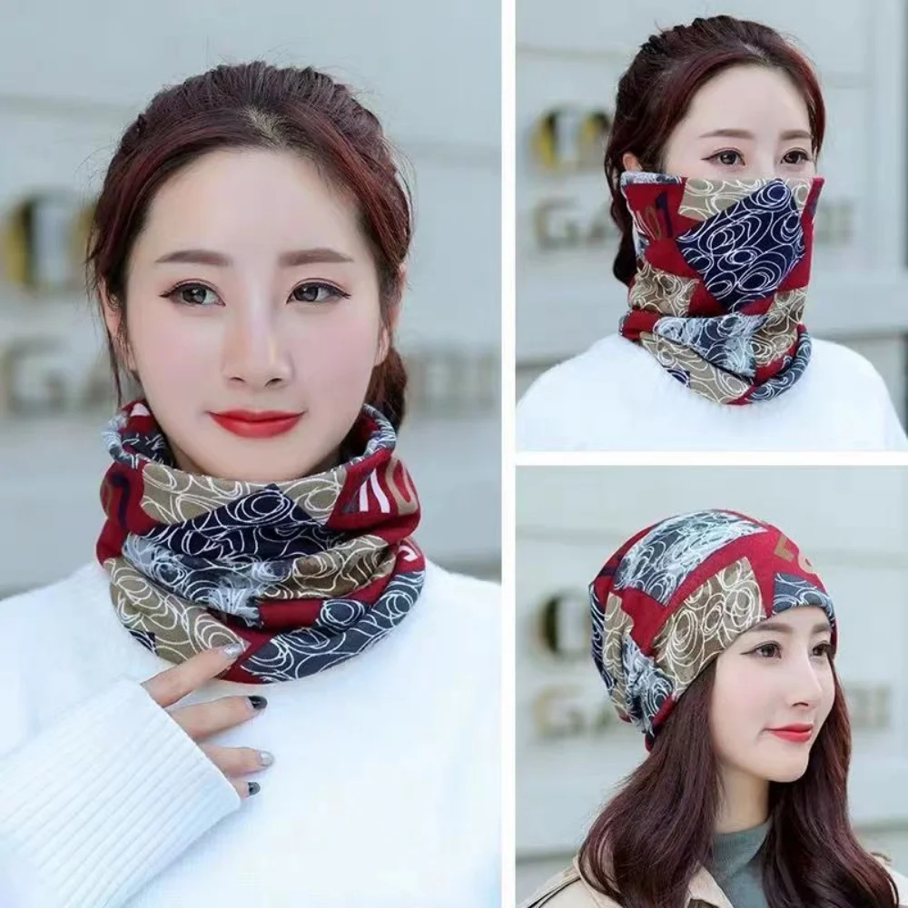 2-in-1 Women's Bohemian Floral Beanie Hat Double-Layer Soft Cotton Turban Caps Autumn Winter Neck Scarf Dual-Use Skullies Bonnet
