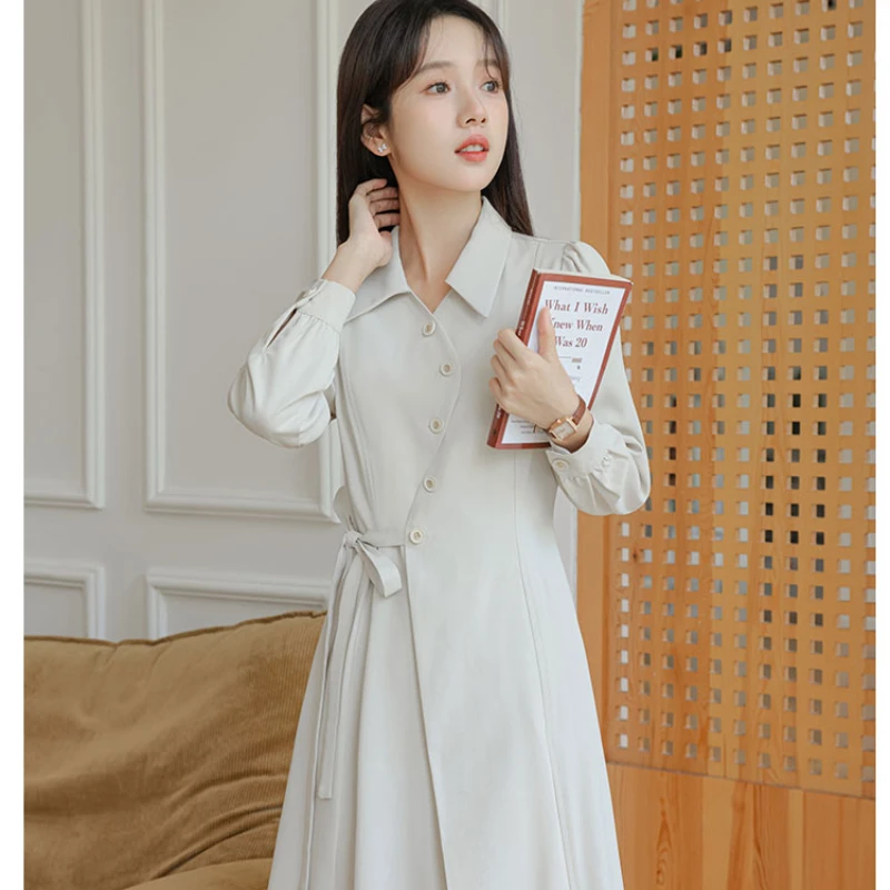 Women Dresses Autumn Simple Turn-down Collar A-line Mid-waist Long Sleeve Office Lady Solid Color Daily Casual Female Dresses