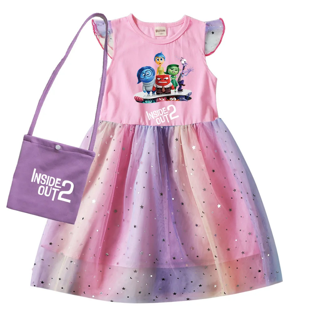 Summer Inside Out 2 Joy Costume Kids Cartoon Joy Short Sleeve Dress+bag Funny Clothes Toddler Girls Birthday Party Casual Dress