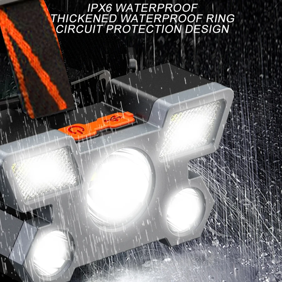 ไฟหน้าอันทรงพลังไฟฉาย LED บนหน้าผากโคมไฟขุดแบบชาร์จไฟได้ไฟฉาย LED พลังงานสูงเดินป่าสําหรับตกปลาแบบพกพา