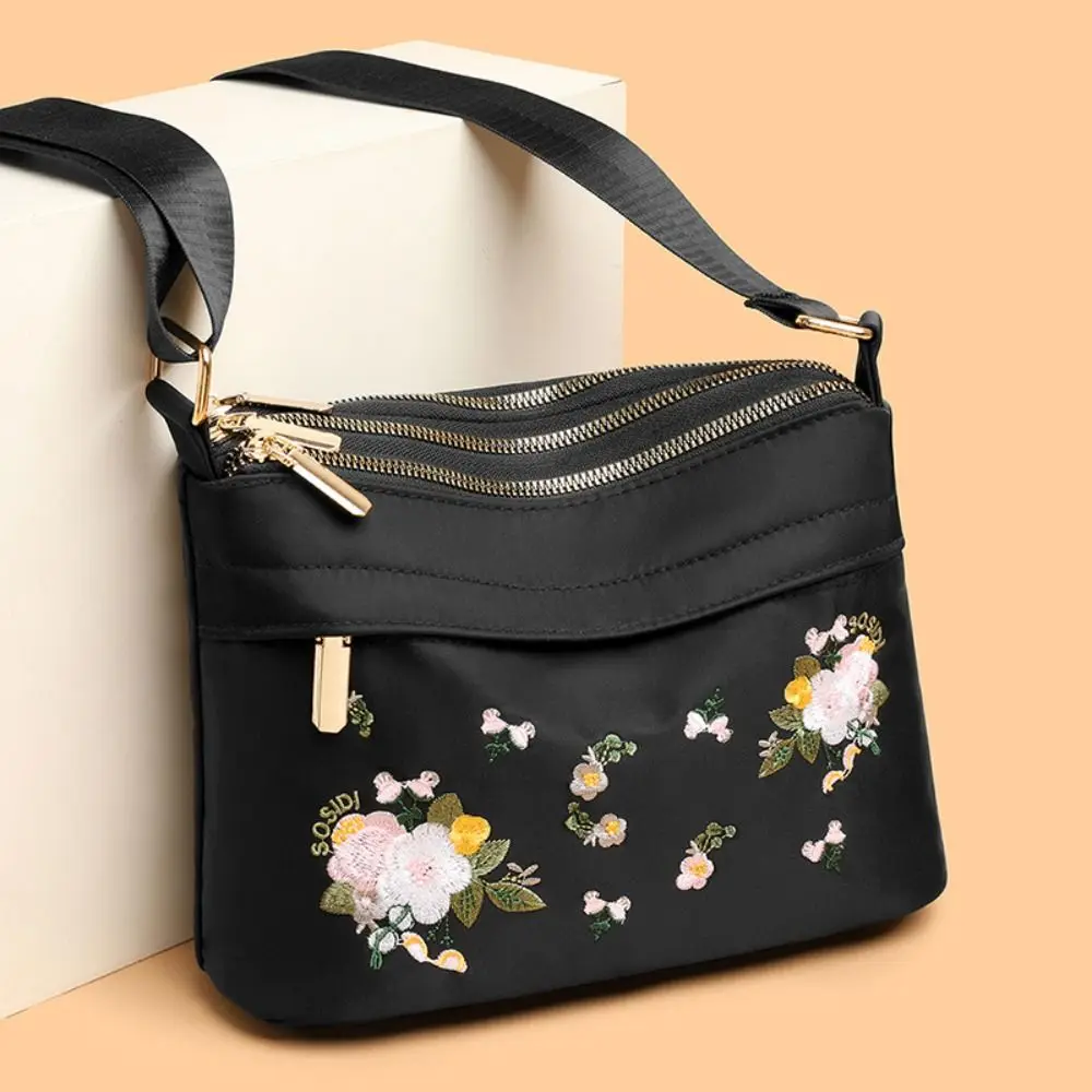 Nylon Shoulder Bag Large Capacity Adjustable Wide Strap Messenger Bag Flower Embroidery Zipper Closure Women's Handbag for Women