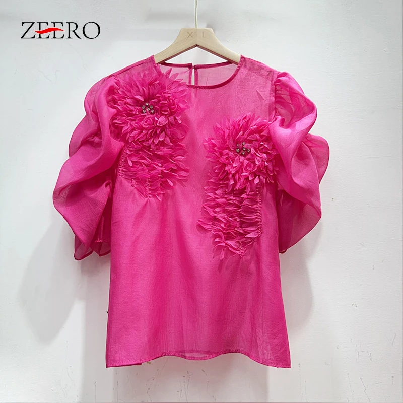 

Women Summer Vintage Diamonds Appliques Flowers Blouses Female Casual Sweet Pink Puff Sleeve Blouse Versatile Y2k Top Blusas