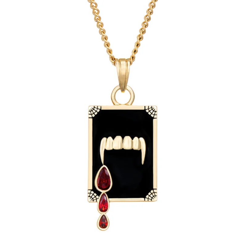 Halloween Style Vampire Teeth Red Zircon Blood Drop Shape Necklace, Ring Women Luxury High-end Punk Party Jewelry Ring Necklaces