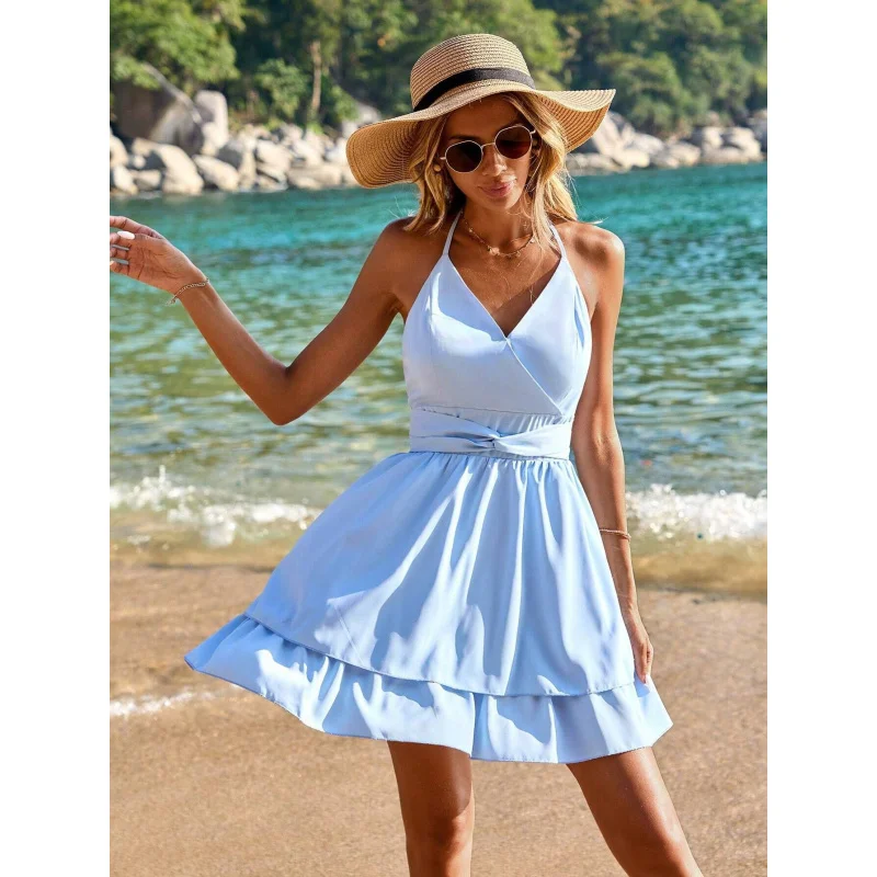 

YQ1-INSNew Sexy Hot GirlVHalter Neck Double Layer Hem Dress with Slimming Design at Collar and Waist