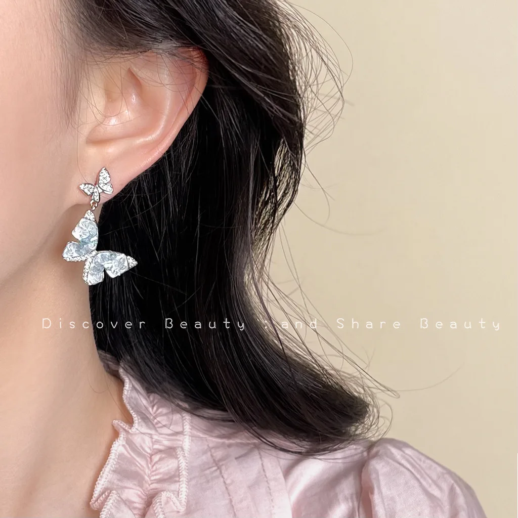DIY accessories Gradual change blue glass crystal flower earrings women's fresh and sweet French butterfly pearl stud earrings s