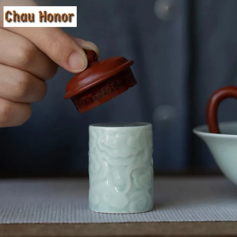 Imitation Song Hutian Kiln Shadow Celadon Glaze Relief Carving Auspicious Cloud Teapot Cover Holder Stand Ceramic Tea Ceremony