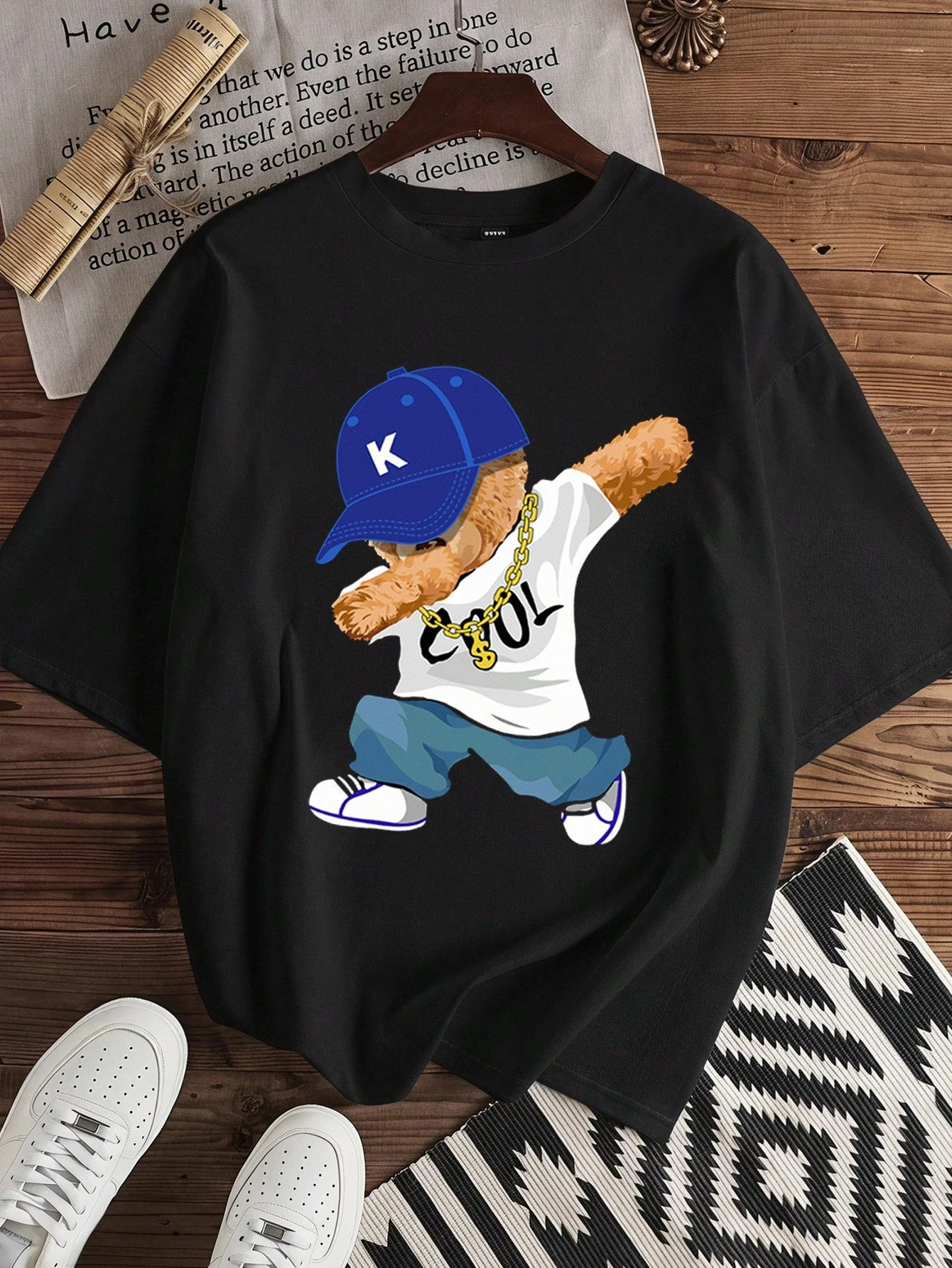 Hip-Hop Dabbing Bear T-Shirt Men Teddy Bear Gold Chain Print Streetwear Casual Unisex Tee