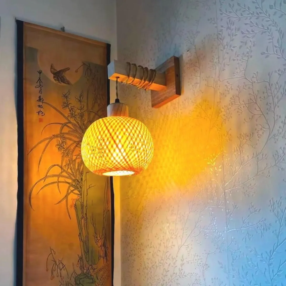 

JOYINLED Japanese Boho Chandelier, E27 Bamboo Woven Wall Light for Bedroom Bathroom Living Room Vintage Rattan Plug-in Lamp 20cm