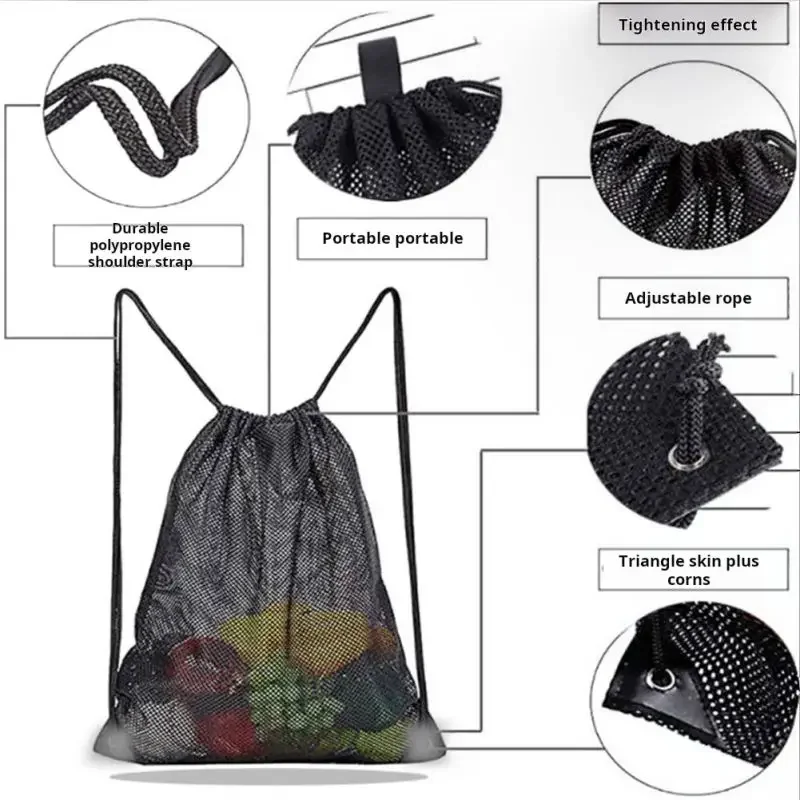 Mesh Drawstring Backpack Sports Heavy Duty Bag Multifunction Foldable Ventilated Net Pouch Swimming Fishing Gear Carrier Outdoor