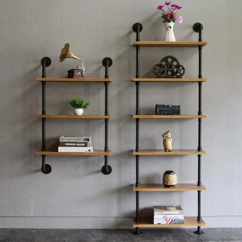 

Industrial Pipe Storage Shelves – Retro Multilayer Bookshelf, Wall Mounted Wood Organizer, Bedroom Storage System for Home