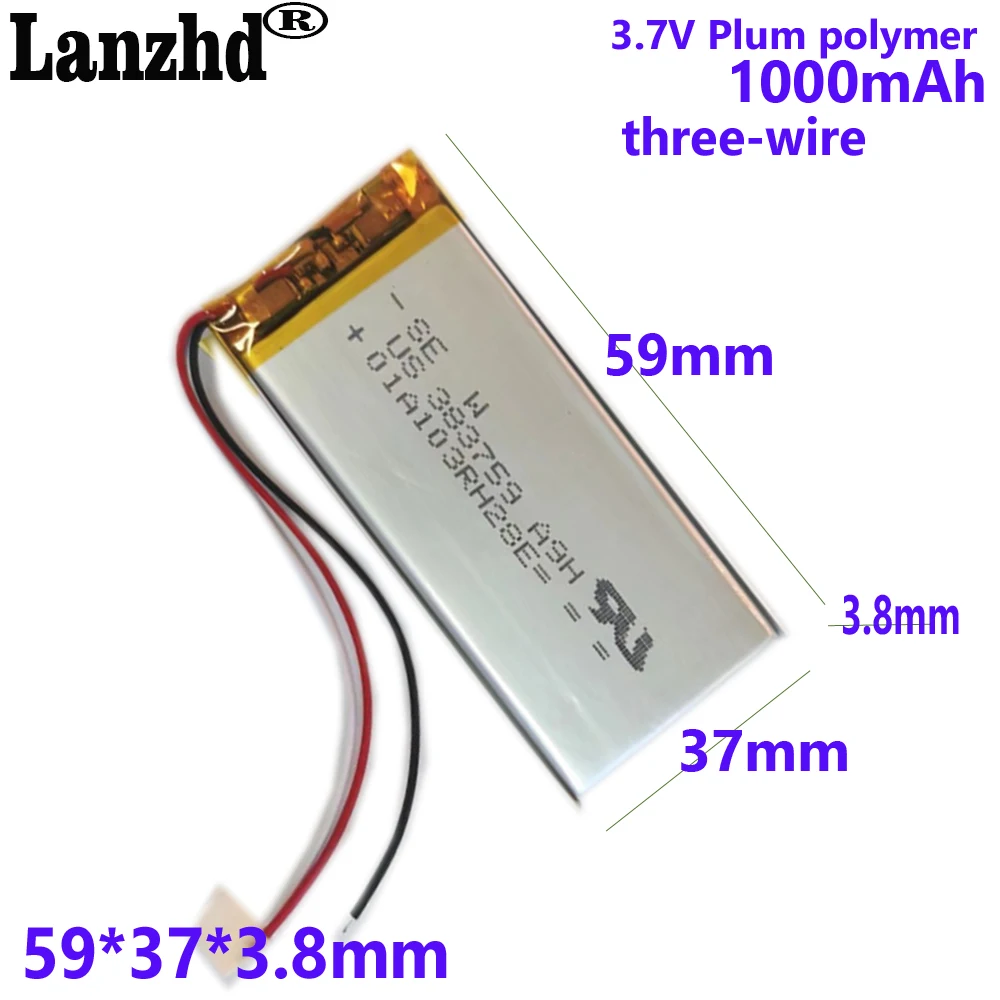 383759 3.7V polymer lithium battery 1000MAH For SONY Medical product monitoring equipment digital products with three lines