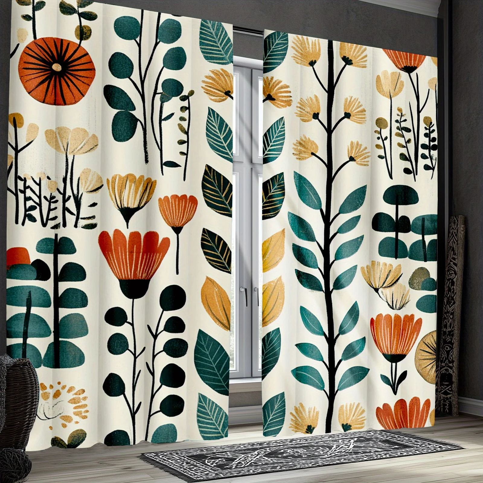 1pc Vintage plant pattern curtains, polyester fabric machine washable, suitable for living room, bedroom, living room decoration