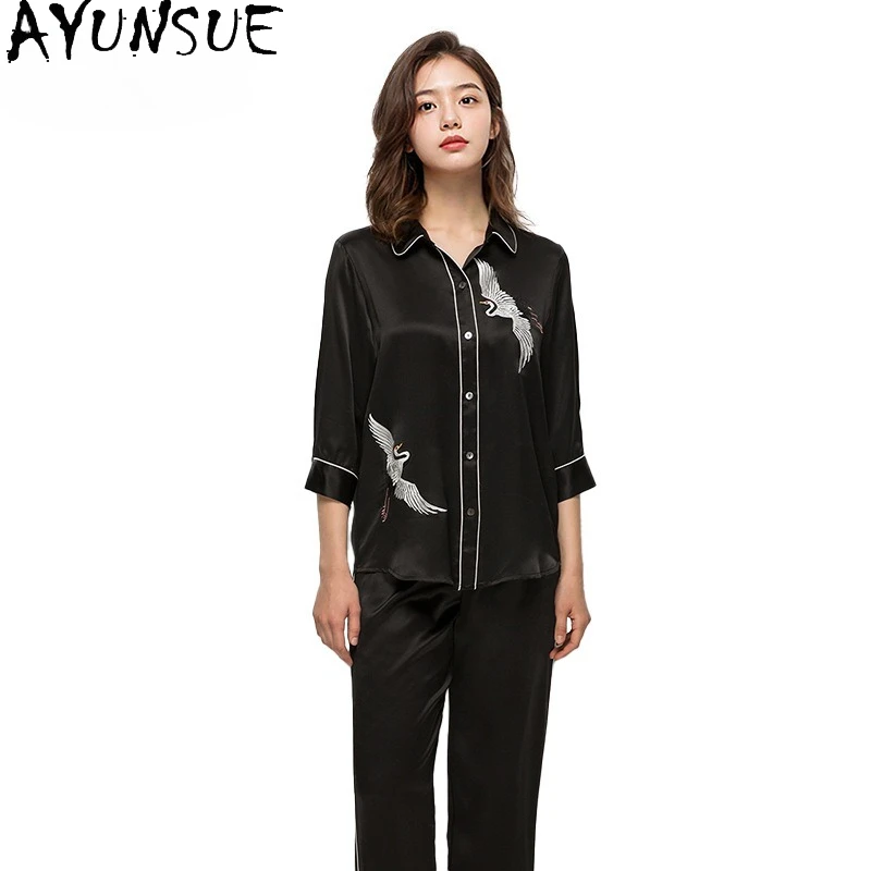 AYUNSUE 16MM 100% Real Mulberry Silk Pajama Sets Women 2026 Summer Home Clothes Casual Pants Tops Thin Style Pyjama Femme