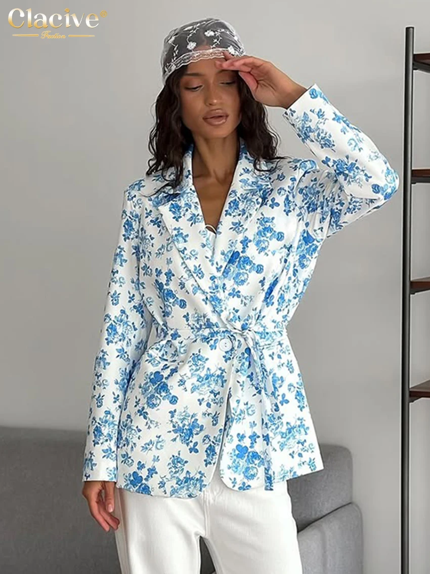 

Clacive Fashion Loose Print Women's Shirt 2026 Spring Lapel Long Sleeve Lady Blouse Elegant Classic Lace-Up Top Female Clothing