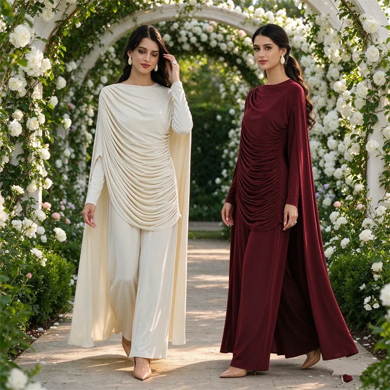 Eid Muslim Sets for Women Pleated Long Tops Wide Leg Pants Abaya Suit Turkey Kaftan Outfits Robe Femme Musulmane Ensembles 2PCS