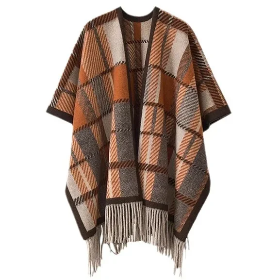 Cardigan Popular Elegant Loose Woolen Multicolor Plaid Tassels Shawl New Cape Poncho for Women Autumn and Winter Plus Size Coat