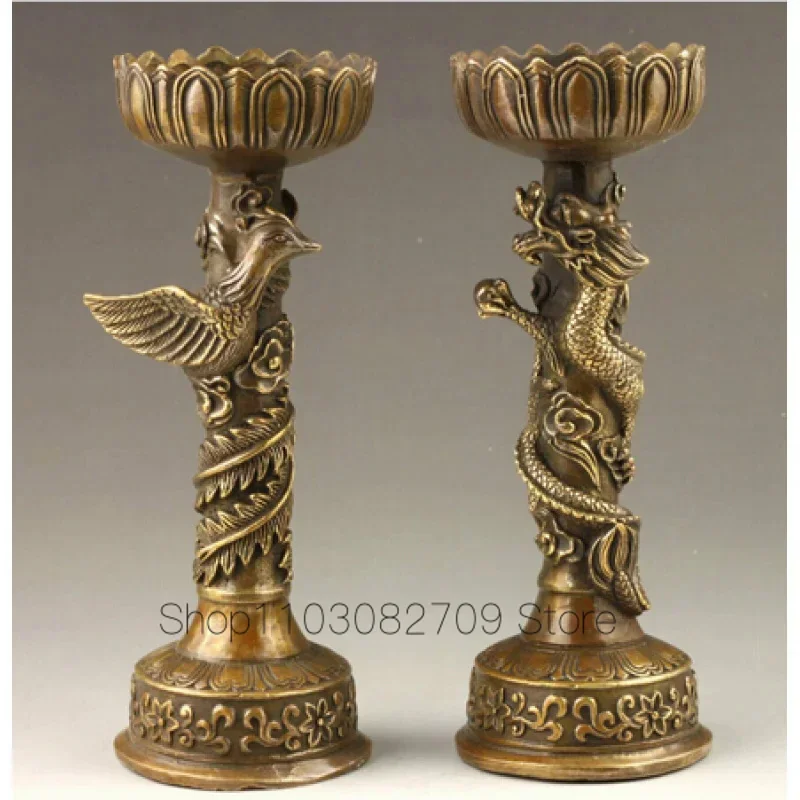 SUIRONG---407   Chinese Handmade Fine Dragon And Phoenix Bronze Candlestick Pair Statue Statue