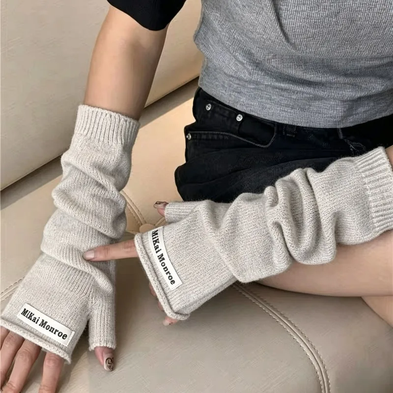 Knitted Long Fingerless Mittens Women Fashion Imitation Cashmere Warm Elbow Gloves Autumn Winter Stacked Half Finger Arm Warmers