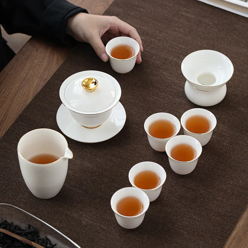 Gilt Sheep Fat Jade White Porcelain Tea Set Ceramic Household Gold-Plated Kung Fu Tea Set Complete Dehua White Porcelain