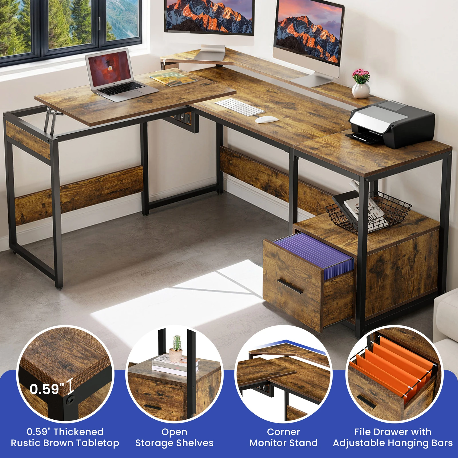 

L Shaped Corner Office Computer Desk Lift Top Table Shelves w/ File Drawers