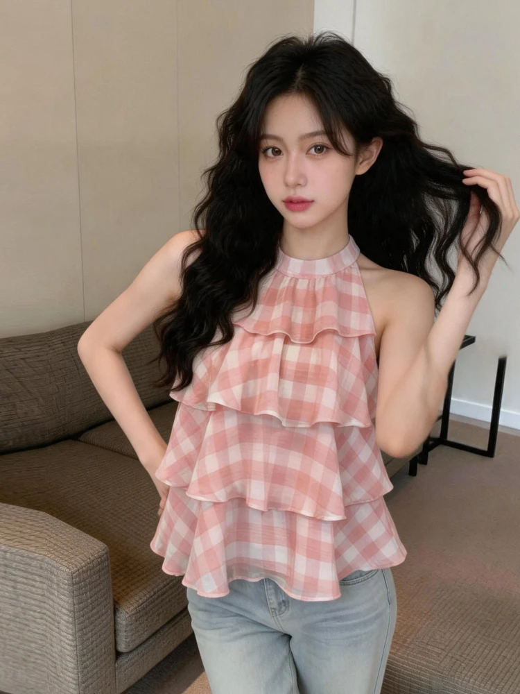 

Sweet Style Vintage Plaid Neck Hanging Sleeveless Shirt Women's Pure Desire Floral Neckline Summer Fashion Ladies' Shirt