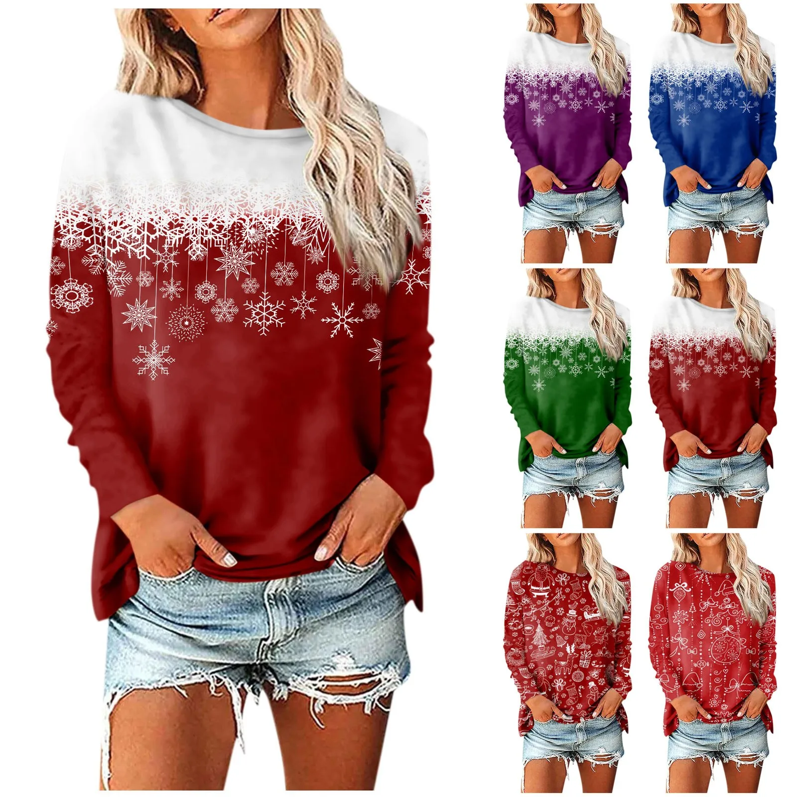 2023 Christmas snowflake and plaid women's autumn and winter printed long-sleeved round neck pullover large size sweatshirt