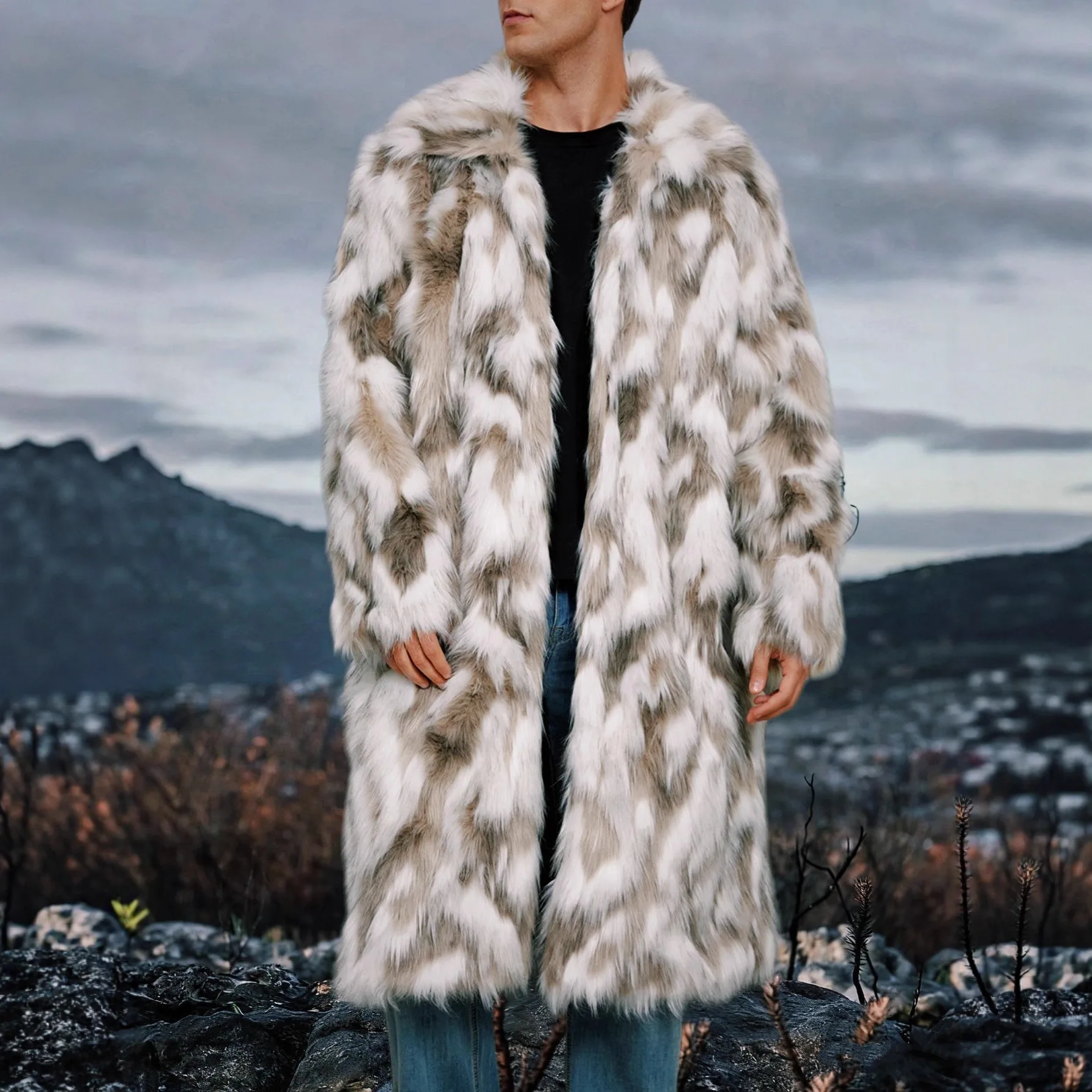 

2025 Autumn Winter New Men Faux Fox Fur Faux Leather Long Coat Thick Warm Windproof Coat Multiple Colors Optional