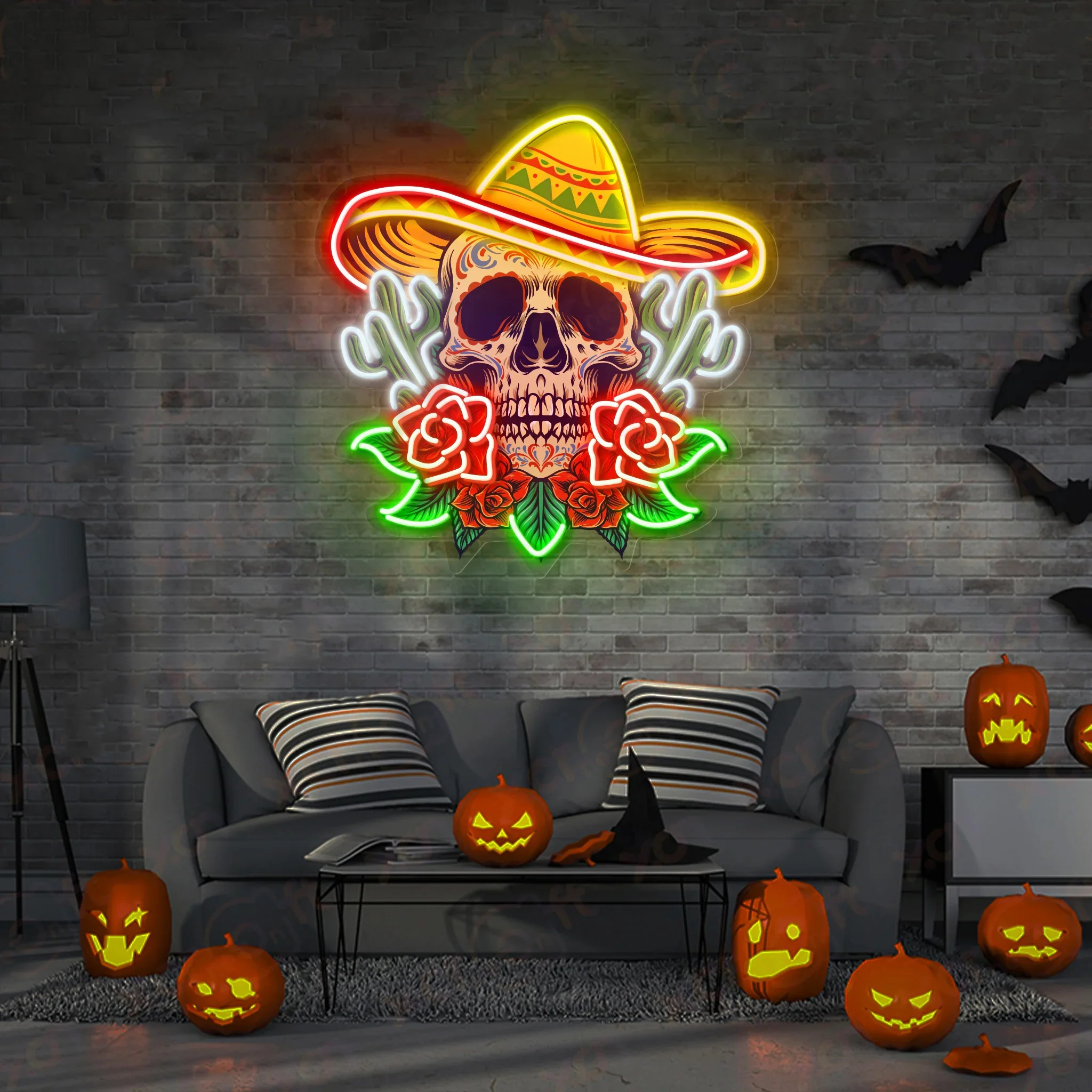 Skull Mexican Hat Neon Signs, UV Printed Neon Sign  Deco, Mexican Skull Wall Decor Gift for Her