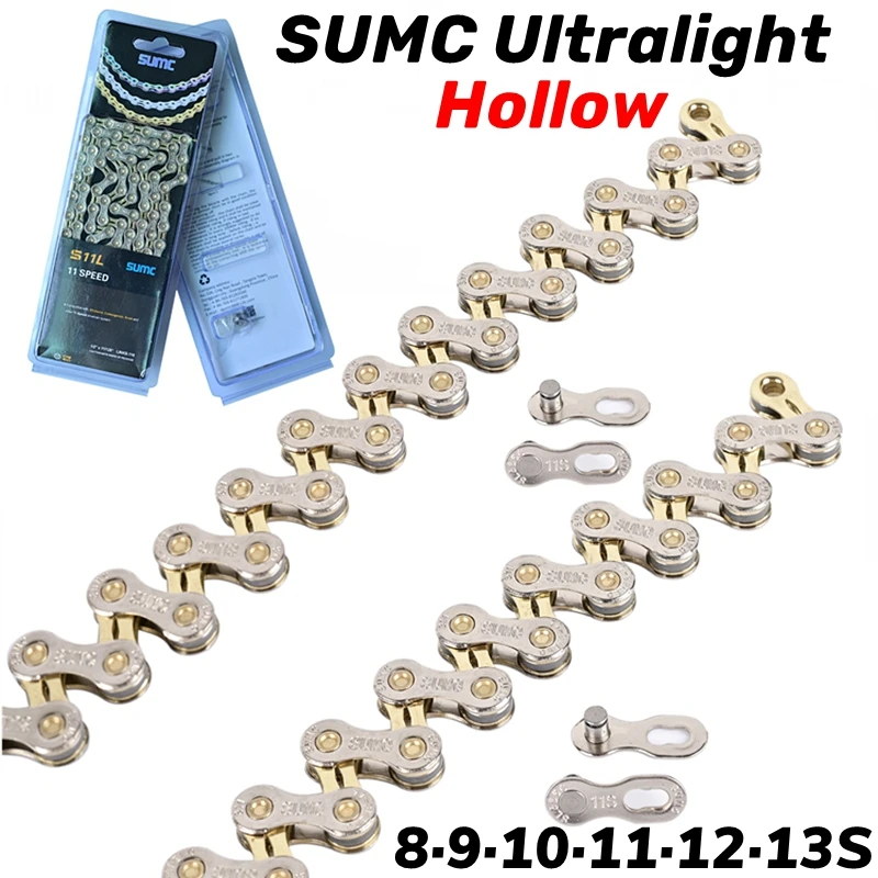 

SUMC Ultralight Hollow Bicycle Chain Gold 8/9/10/11/12 Speed | 251g Road MTB Chain with Quick Link | Compatible with M8000 M6000