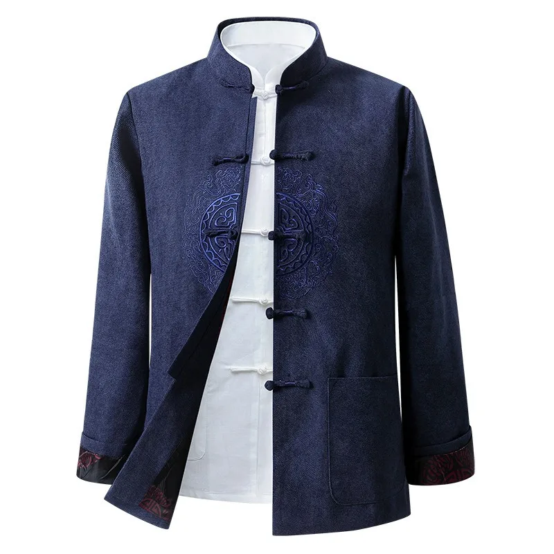 Vintage Jacquard Tang Suit Loose Zhongshan Suit Chinese Coat Spring Autumn Men Long Sleeve Hanfu Jacket Casual Tops