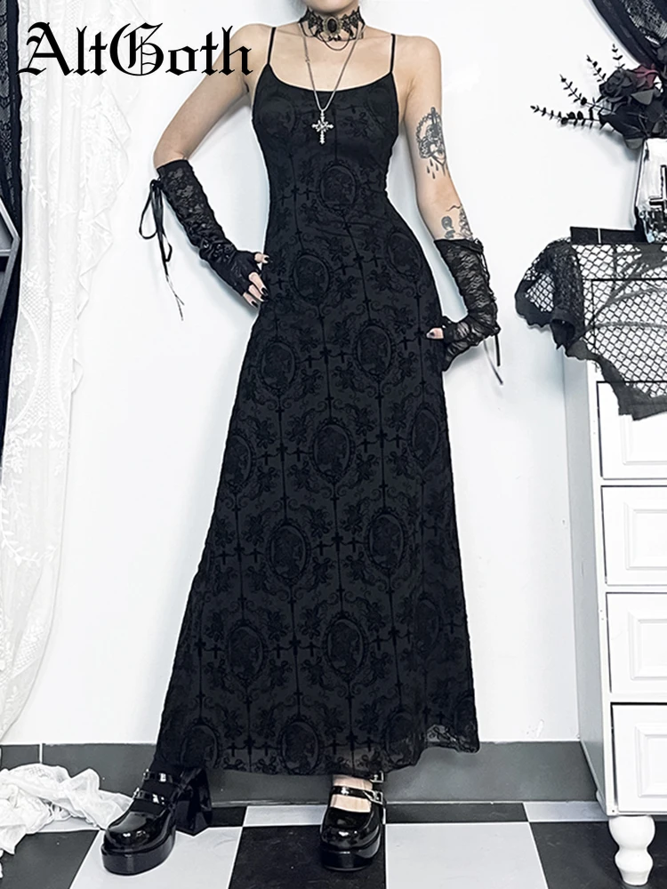 

AltGoth Vintage Mall Goth Dress Women Streetwear Fairycore Grunge Elegant Spaghetti Strap High Waist Flocking Party Midi Dress