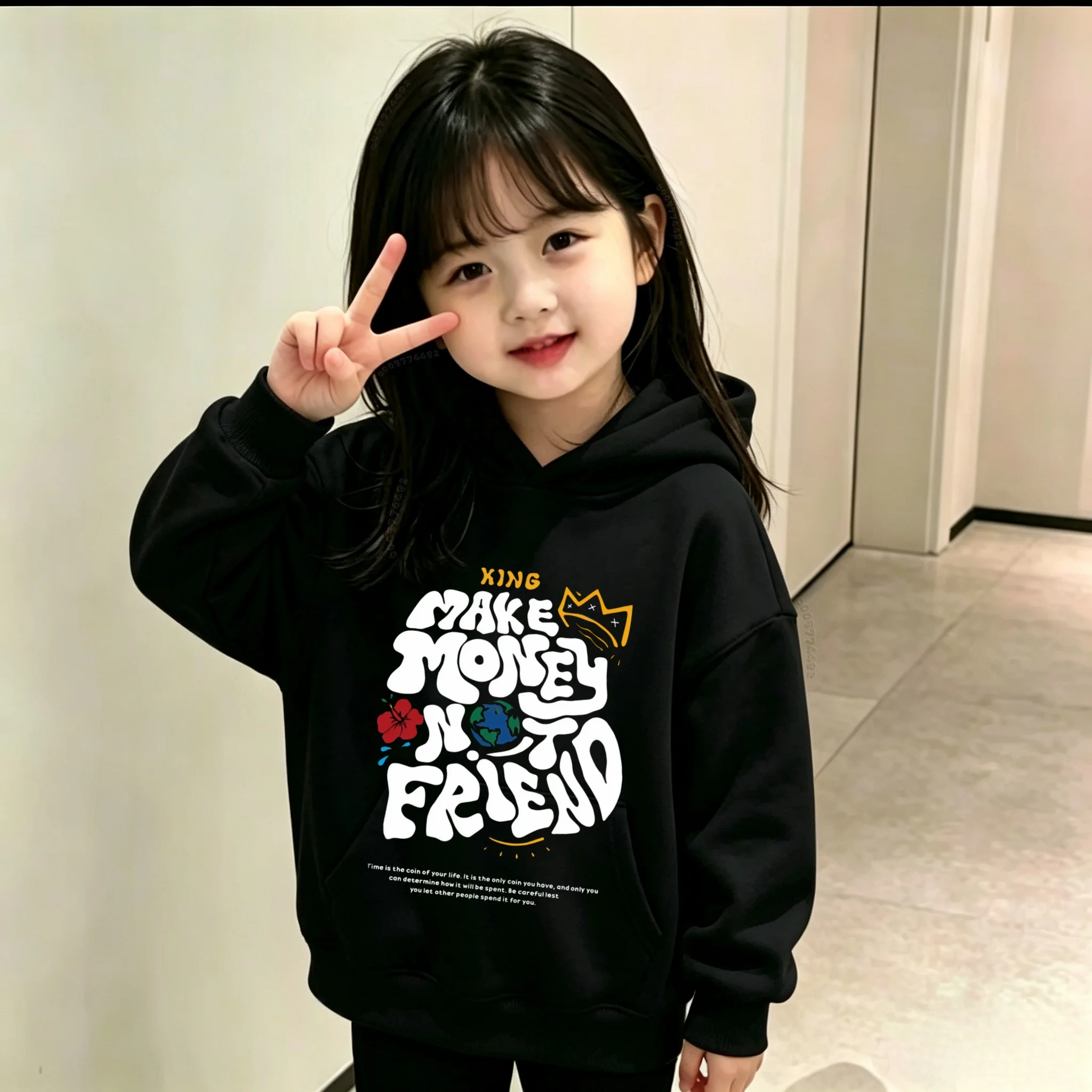 Retro trend children's hooded sweatshirt - Money is not a friend. With logo letter print. Fall/winter hooded sports shirt.