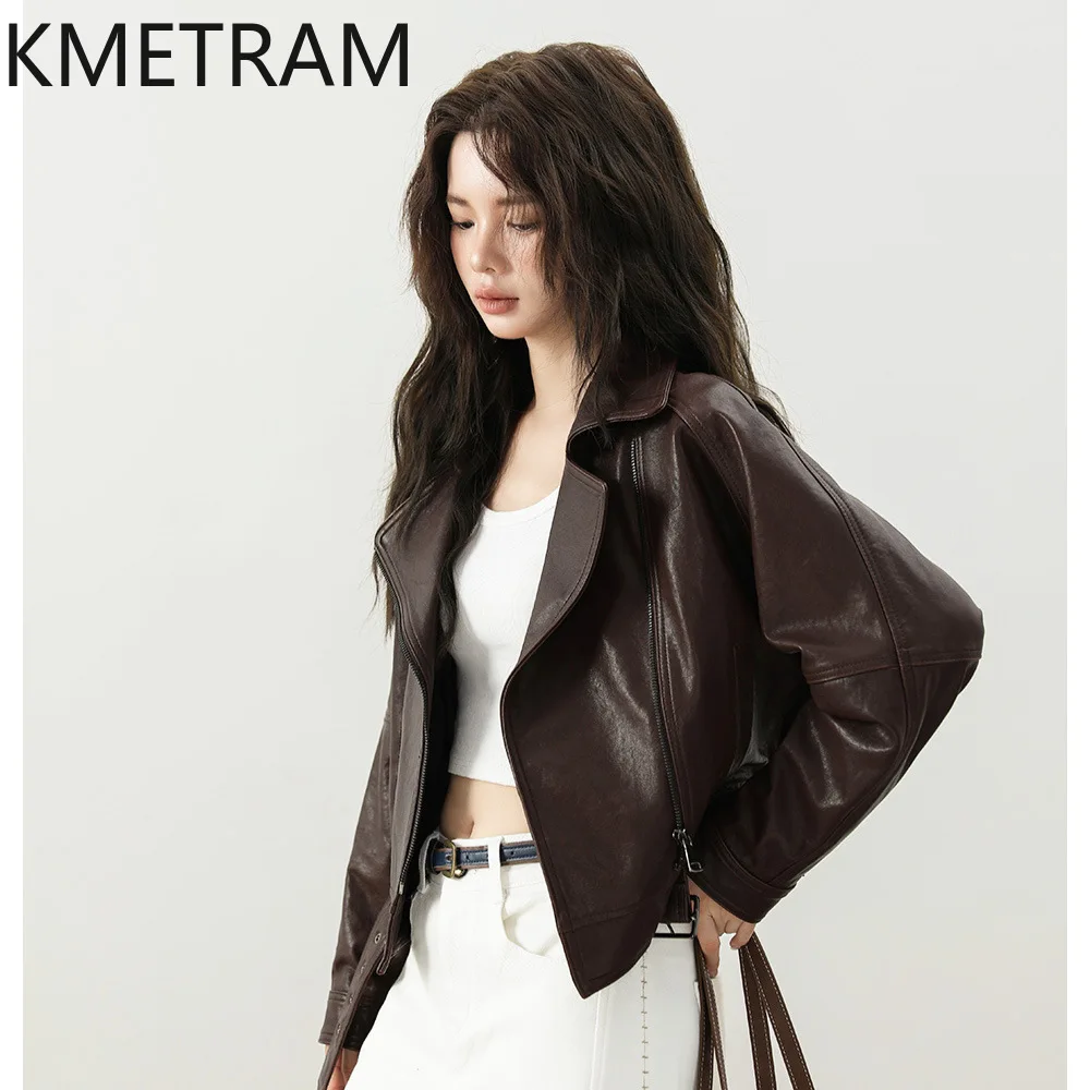 KMETRAM Real Vegetable-Tanned Sheepskin Leather Jacket Woman Fashion Short Motorcycle Slim Jackets Fall Women Clothes 2026 가죽자켓