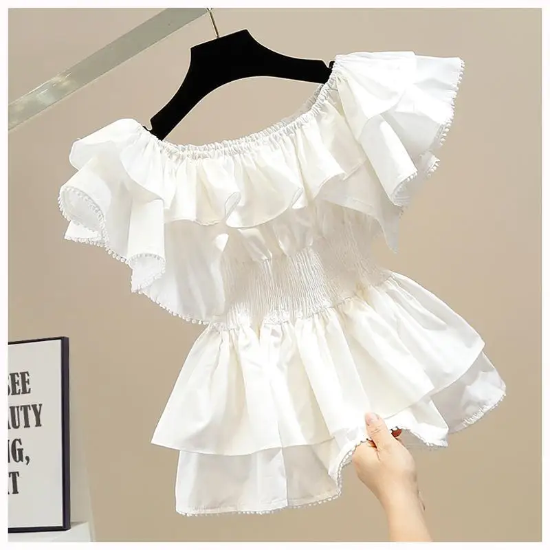 

Fashionable Pleated Sweet Lace Trim Splice One-Shoulder Waist-Cinching Slimming Overhead Shirt Women's Stylish Versatile Top ...
