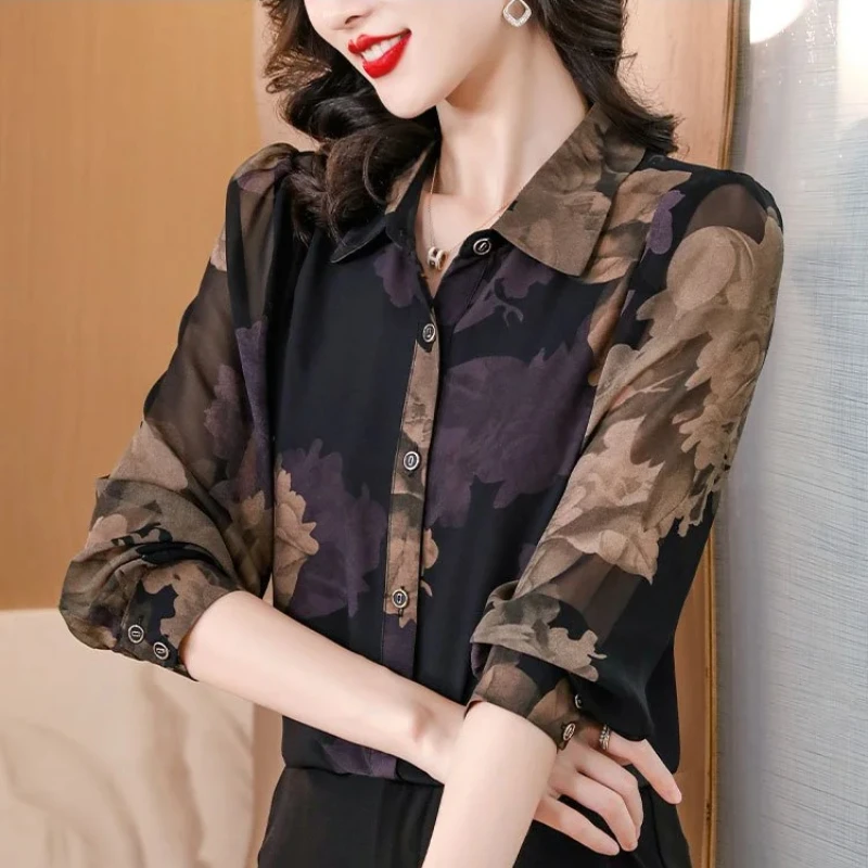 2024 New Spring and Autumn Korean Edition Fashion Versatile Chiffon Blouses Long Sleeve Collar Printed Button Women\'s Shirt Top