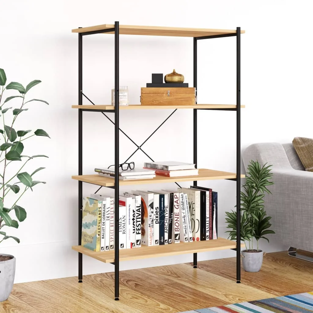4-stufiges Regal, schwarz und Eiche, 80x40x130 cm, offenes Industrieregal für Wohnzimmer und Heimbüro