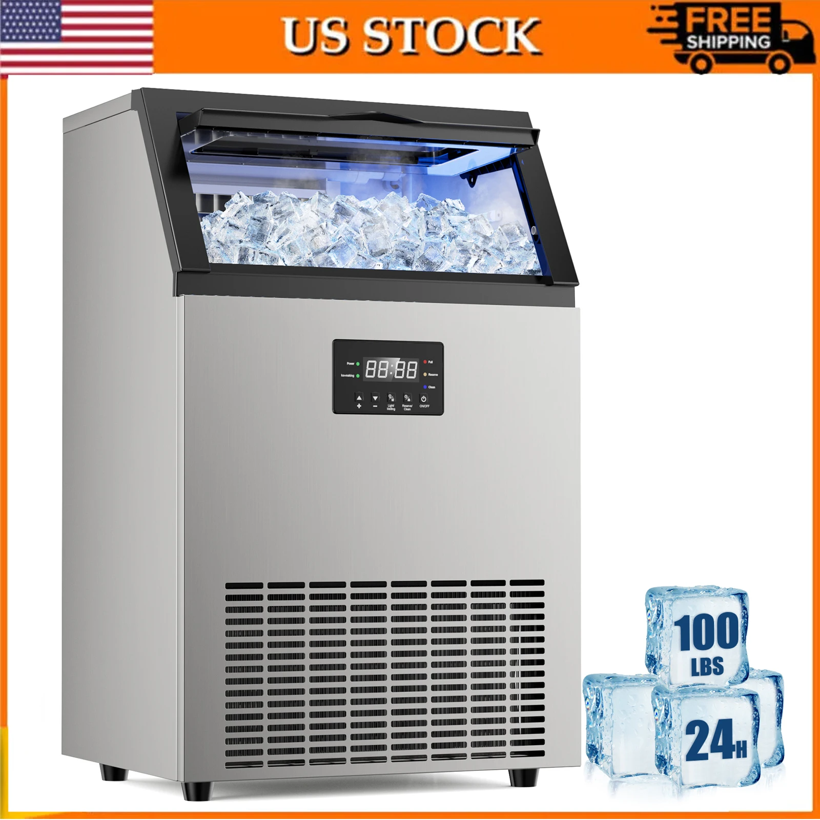 

Commercial Ice Maker Machine 100 Lbs/24H, Ice Maker Commercial Stainless with 33 Lbs Storage, Freestanding Ice Maker Machine